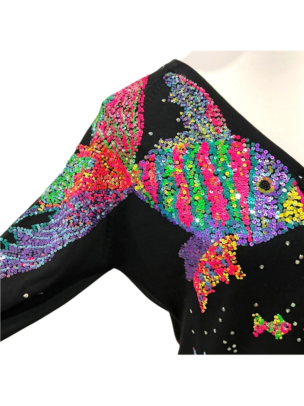 Michael Simon Vintage Sweater Small Y2K Cardigan Silk Art to Wear Fish Seascape